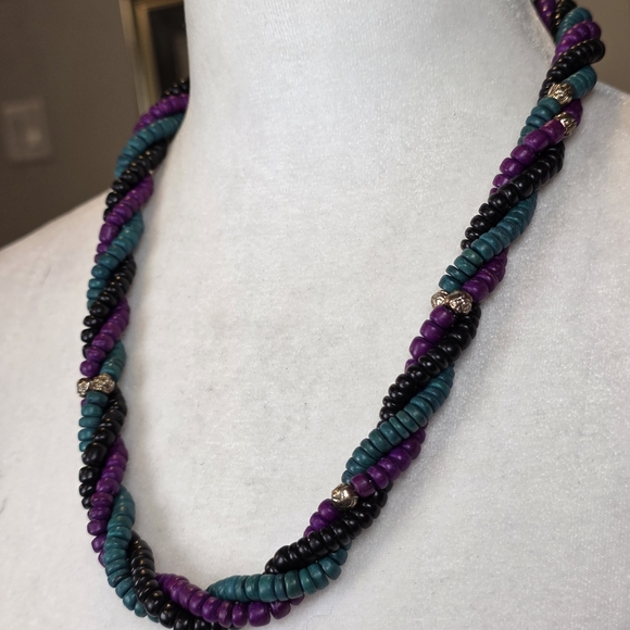 Vintage Chunky Twisted Beaded Necklace Teal Purple Black Multi-Strand Statement - Picture 4 of 10